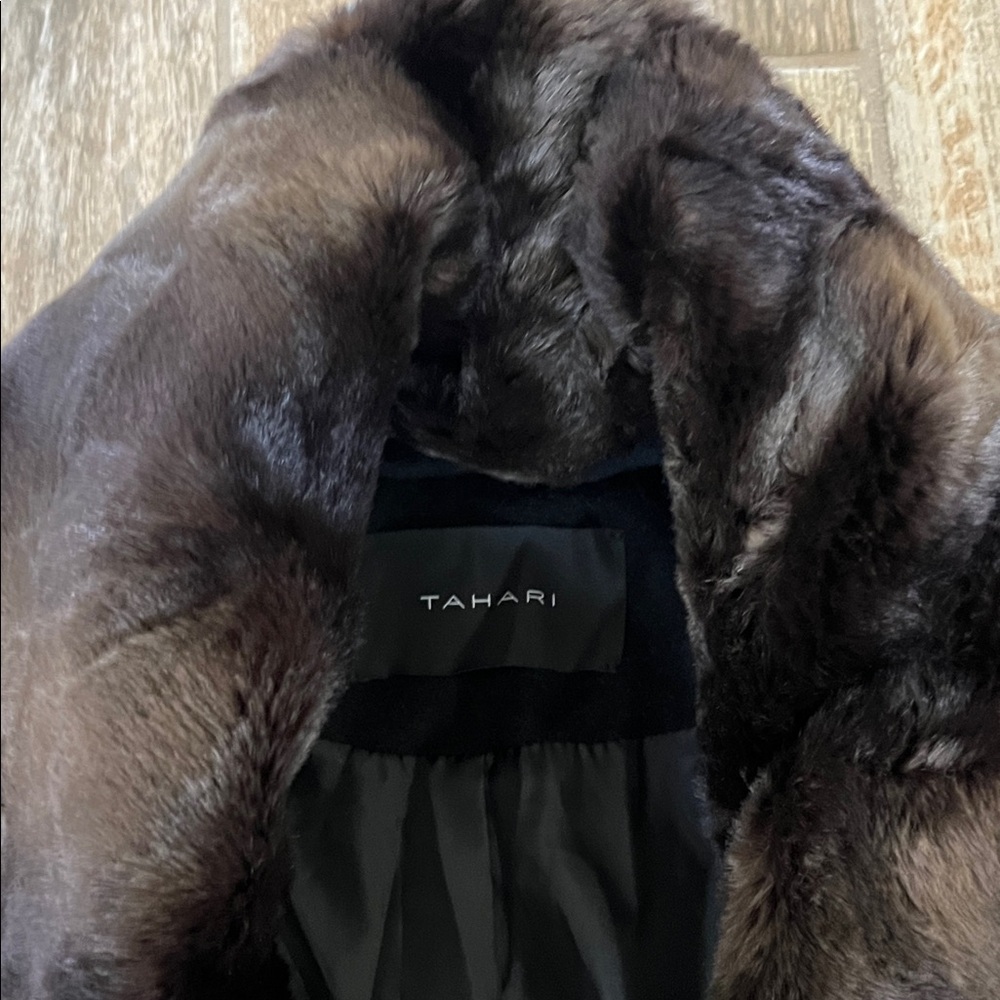 Tahari Black Pea Coat with Faux Fur Collar Sz 10 - NEW - Picture 3 of 8